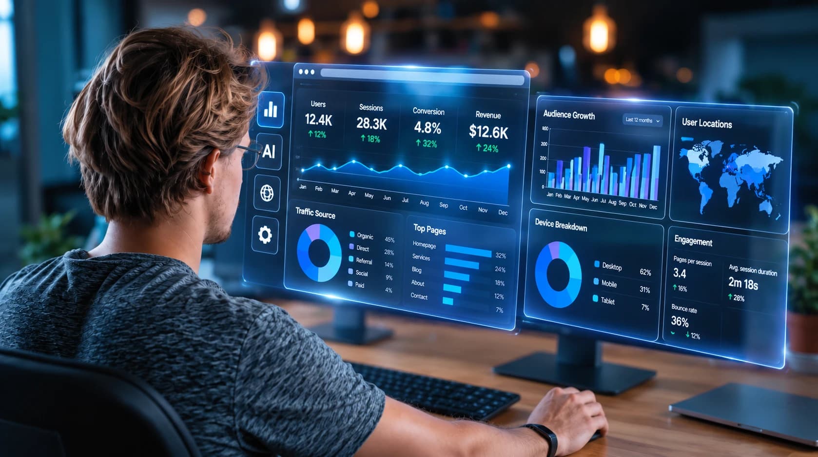 A person at a desk reviewing a website analytics dashboard on a wide glass display