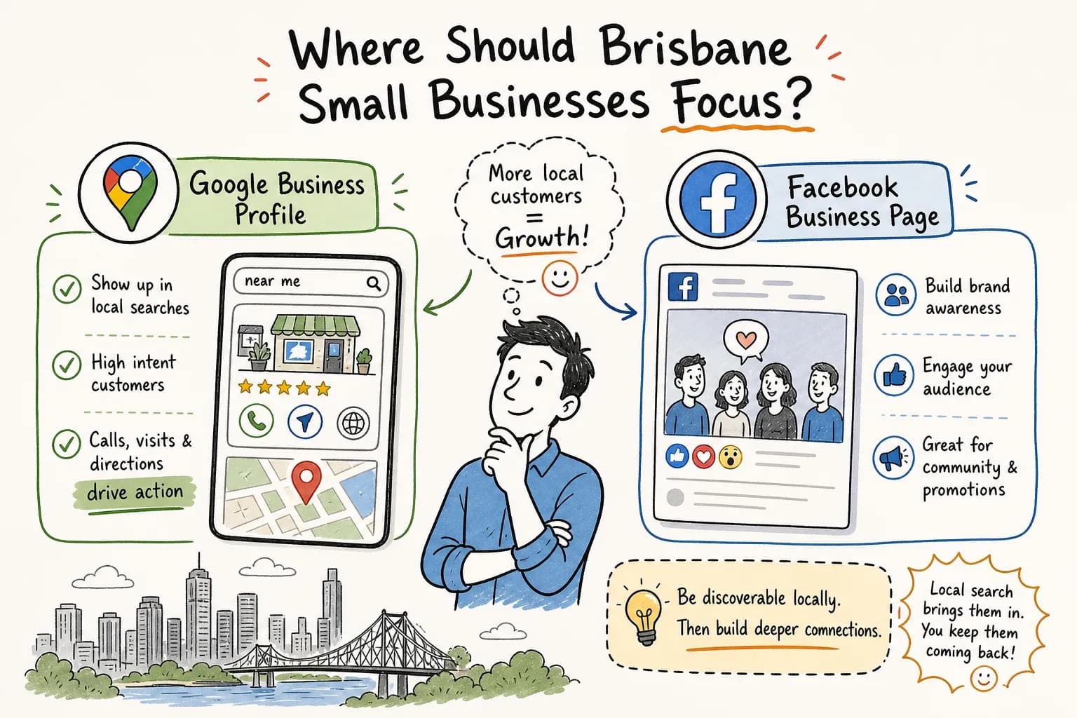 Illustration comparing a Google Business Profile, which brings in local searches, calls and directions, with a Facebook Business Page, which builds awareness and community.