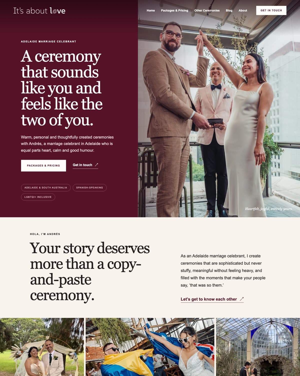 The new It's About Love home page, with one large headline on a maroon panel beside a wedding photo