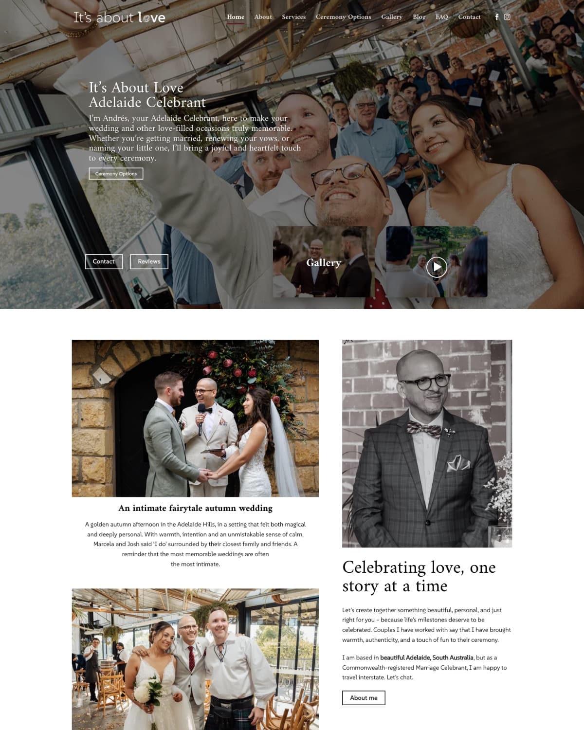 The old It's About Love home page, with a photo collage behind a small headline