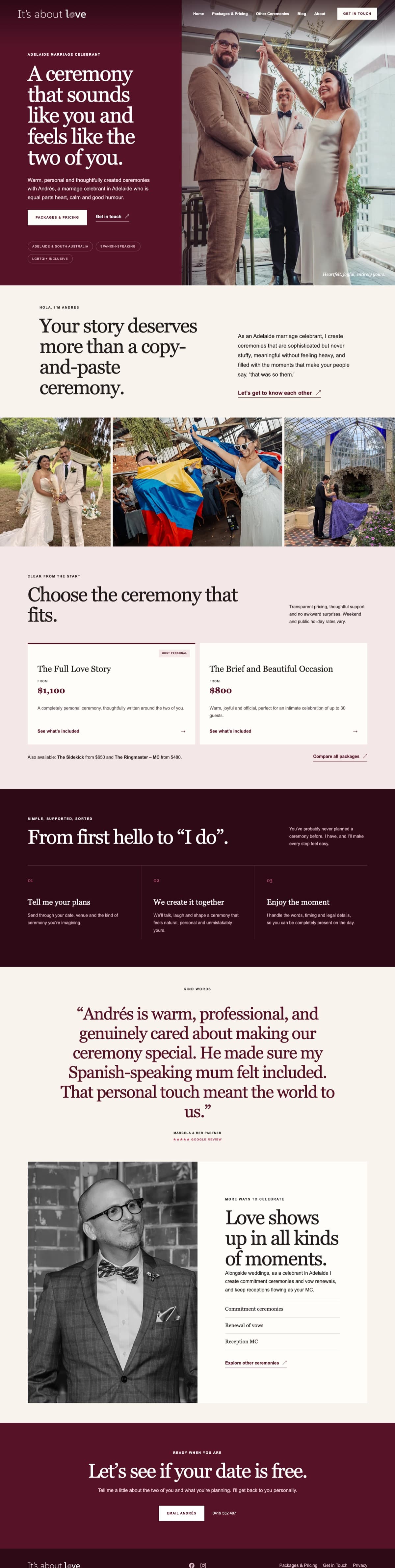Redesigned It's About Love homepage: one headline on a maroon panel, a single enquiry button, ceremony options below