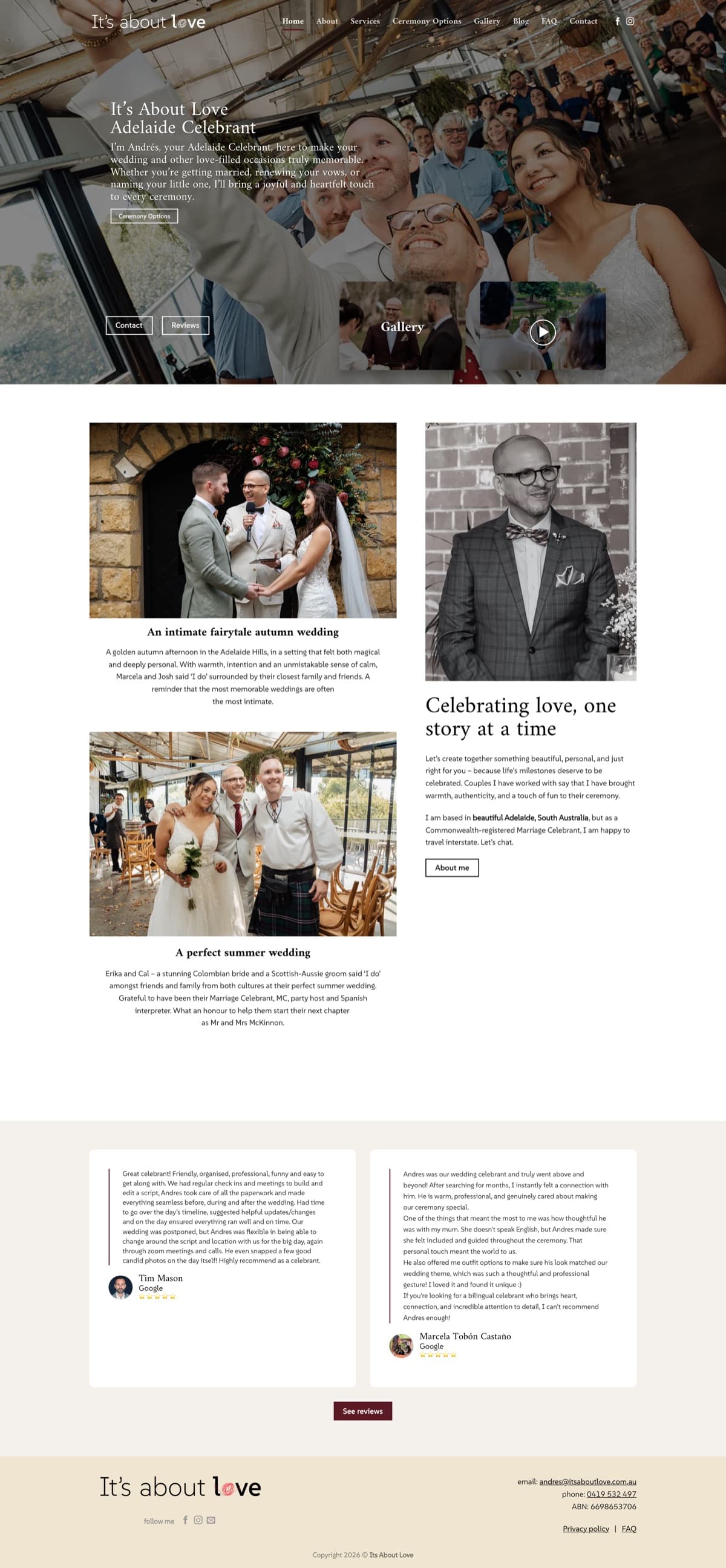 Original It's About Love homepage, with a photo collage behind the headline and three small buttons competing for attention