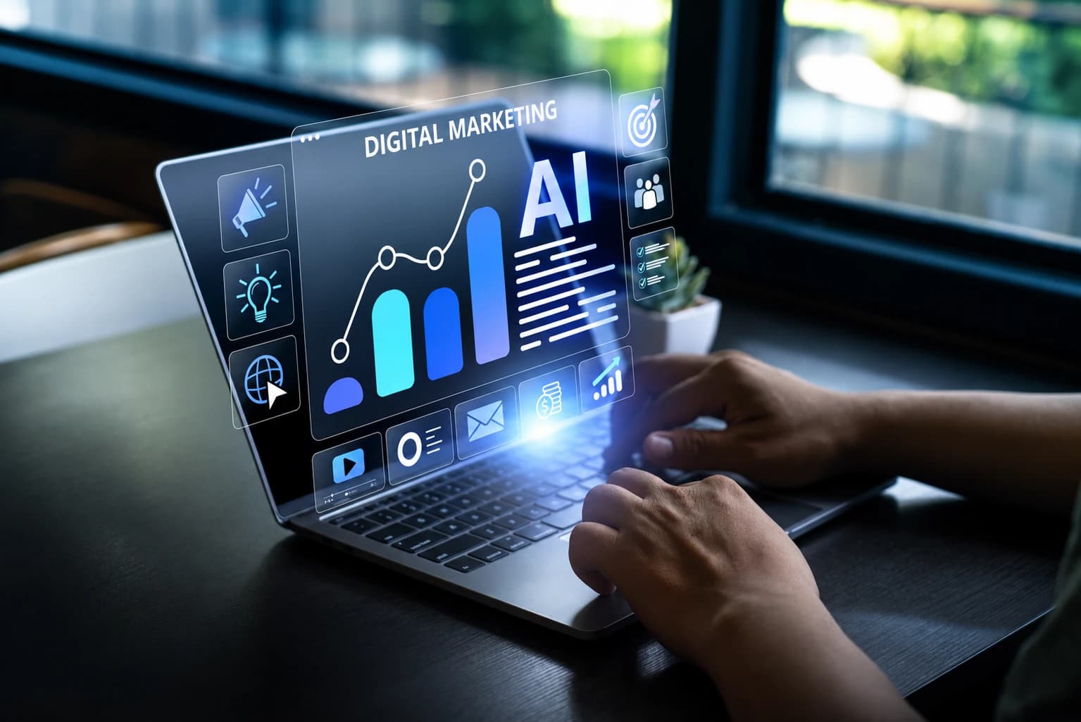 Hands typing on a laptop showing a digital marketing dashboard with a rising chart