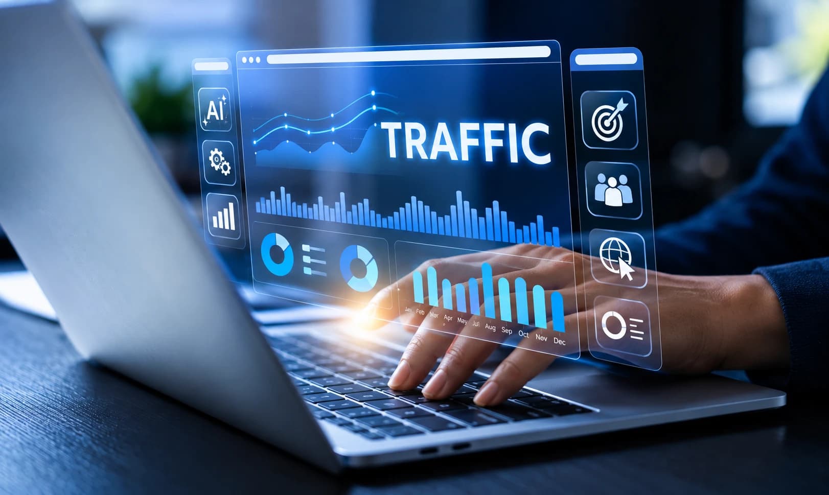 Hands on a laptop with a website traffic dashboard of charts floating above the keyboard