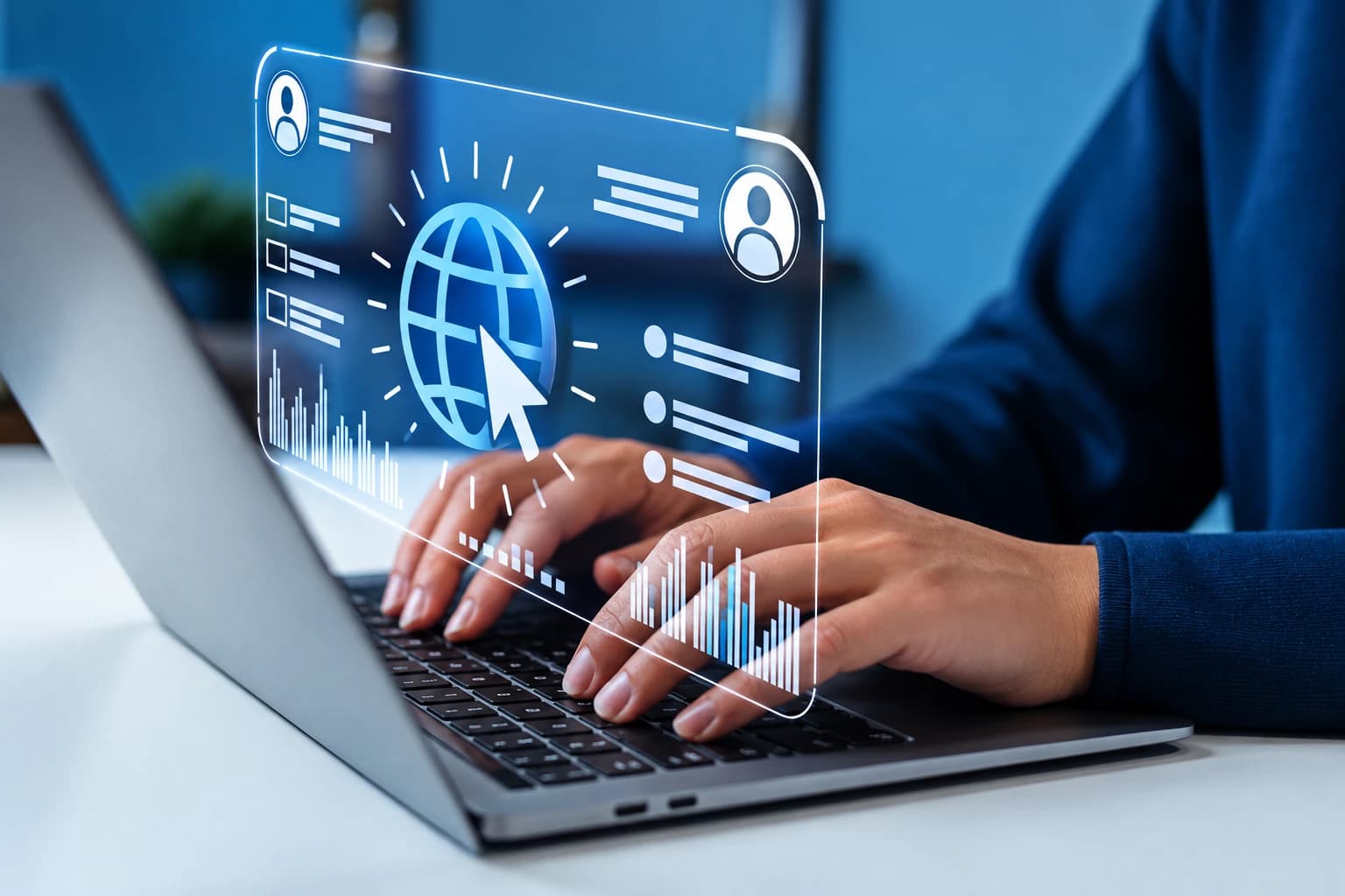 Hands typing on a laptop with a website and globe interface floating above the keyboard